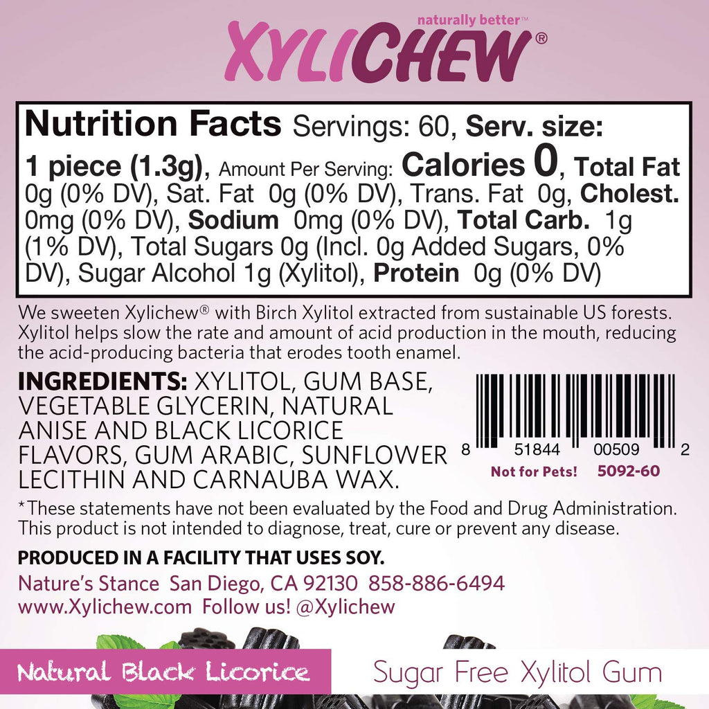 Xylichew 100% Xylitol Chewing Gum - Non GMO, Non Aspartame, Gluten Free, and Sugar Free Gum - Natural Oral Care, Relieves Bad Breath and Dry Mouth - Licorice, 60 Count