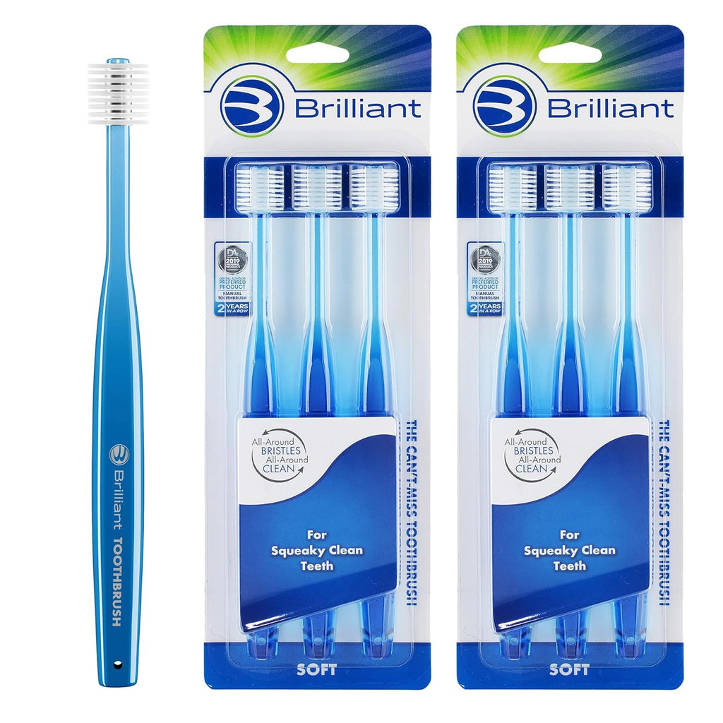Brilliant Oral Care Adult Toothbrush with Soft Bristles, Round Head, and All-Around Clean for Teeth and Gums, Blue, 6 Pack