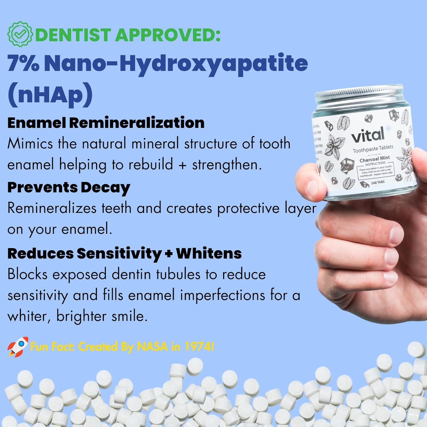 Vital Toothpaste Tabs with Nano-Hydroxyapatite | Naturally Whitens + Remineralizes Teeth | Fluoride & Plastic Free | Combats Sensitivity | Travel & Eco Friendly | Charcoal Mint | 62 Tablets (1 Month)