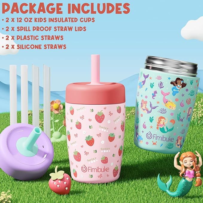 Fimibuke Kids & Toddler Cups Spill Proof, 12 OZ Capybara Insulated Sippy Cups for Toddlers Boys Girls, Toddler Straw Tumbler, Stainless Steel Kids Water Bottle with Twist Lids & Silicone Straw, 2 Pack