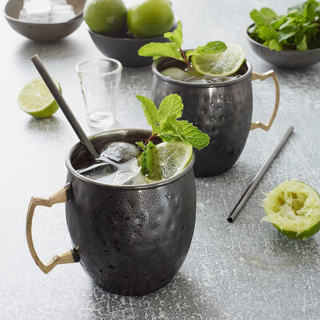 Artisan's Anvil Moscow Mule Mugs with Straws, Comfortable Brass Handle, Stainless Steel Made, Original Hammered Shape, Glossy Black Nickel Plated, Set of 2