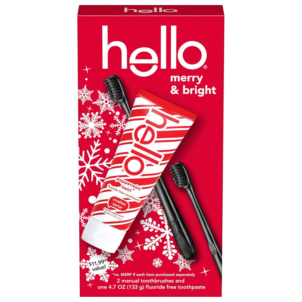 Hello Fluoride Free Toothpaste and Soft Charcoal Toothbrush Adult Stocking Stuffer Kit, Holiday Gift Set, Black Toothbrushes, Mint Toothpaste, SLS Free, Crushes Tartar