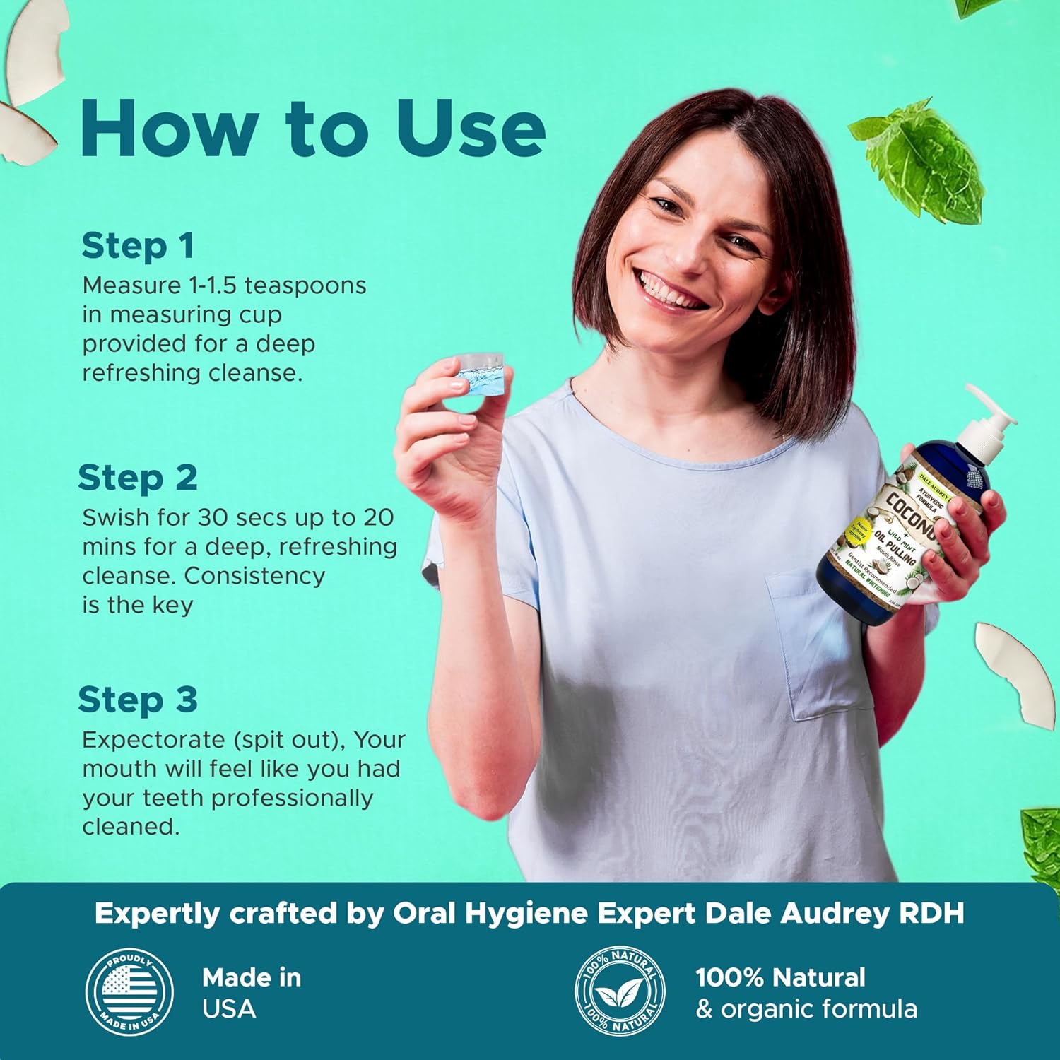 Ayurvedic Nano Hydroxyapatite Coconut Oil Pulling for Teeth and Gums, Made in USA Whitening Mouthwash Alcohol Free, Teeth Whitening Pulling Oil with Peppermint Oil, Fights Bad Breath & Plaque, 8 FL Oz