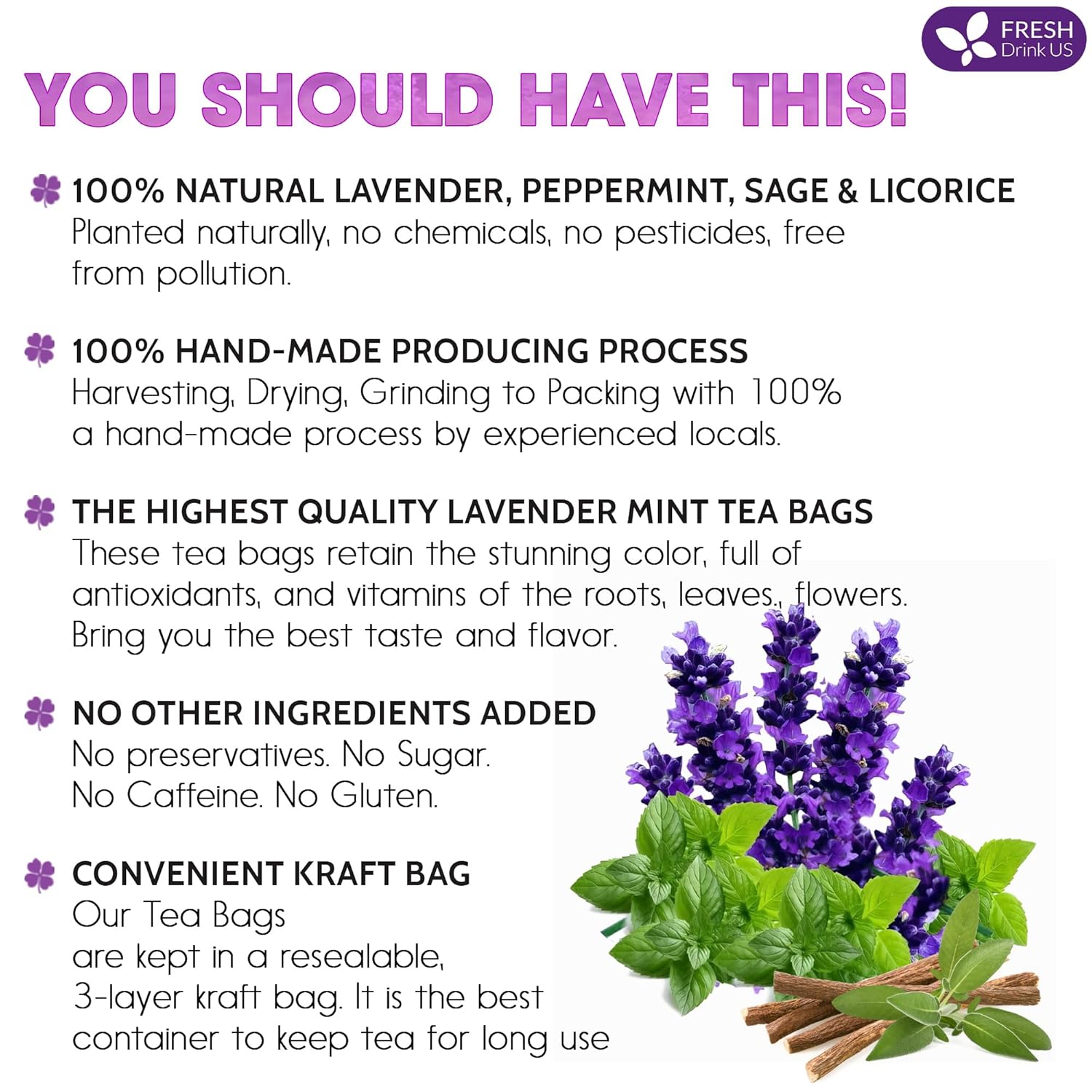 FreshDrinkUS, Premium 35 Tea Bags Lavender Mint Tea, 100% Natural, Blend of Lavender, Peppermint, Sage and Licorice. Made with Natural Material Tea Bags. No Sugar, No Caffeine, Vegan.