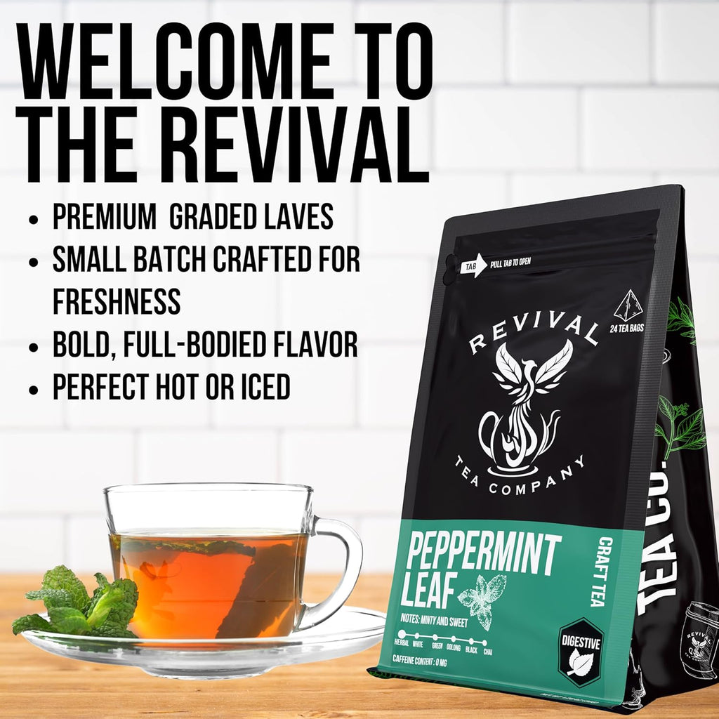 Revival Tea Company Peppermint Tea - Herbal Tea made from 100% Peppermint Leaf - Caffeine Free - 24 Tea Bags