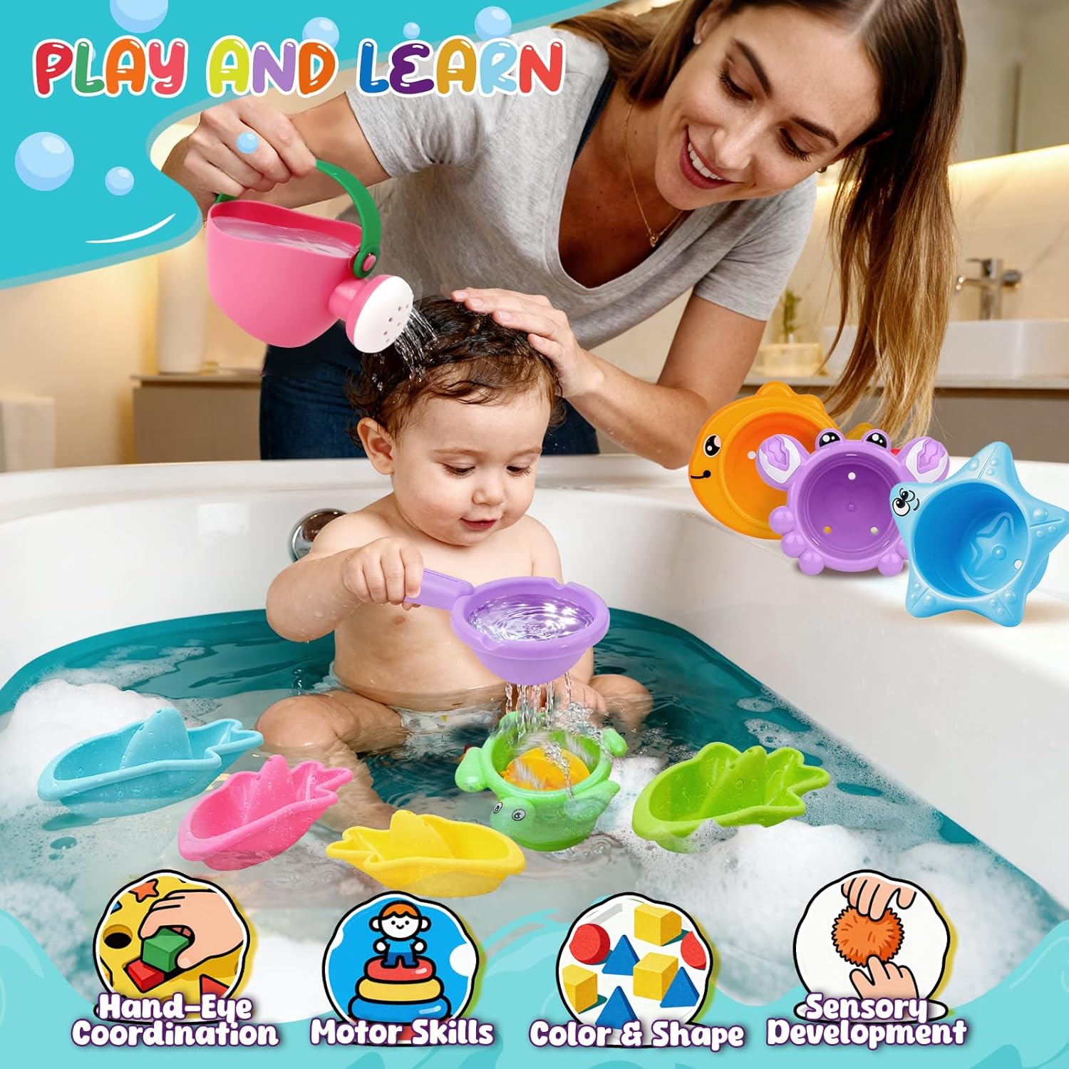 10 Pcs Bath Toys for Kids Ages 1-3, Bathtub & Pool Water Toys for Toddlers 1-3 & Babies 12-18 Months, Water Table Accessories with Floating Boats, Stacking Cups & Pouring Fun for Boys Girls