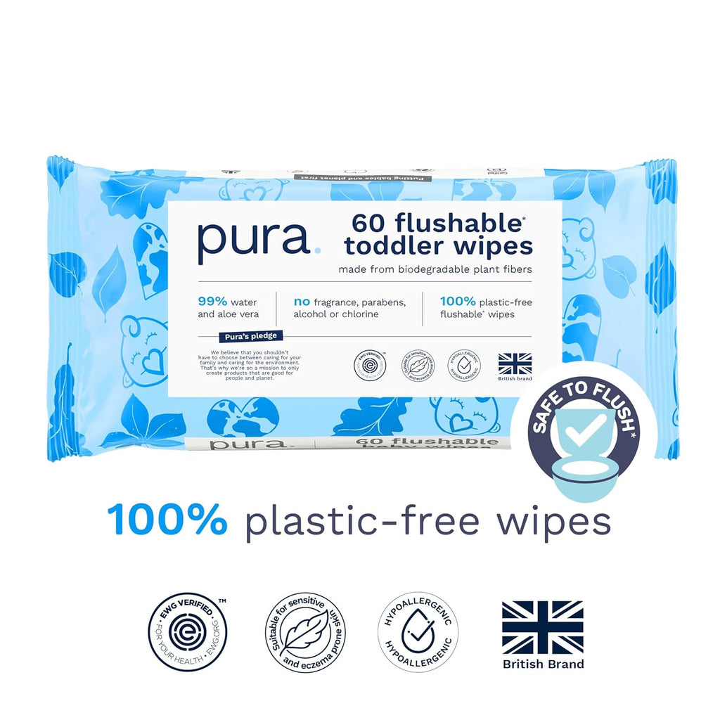 Pura Flushable Toddler Wipes 1 x 60 Wipes, 100% Plastic Free, 99% Water, Hypoallergenic & Fragrance Free, Totally Chlorine Free, Kids Toilet Wipes, Sensitive Skin