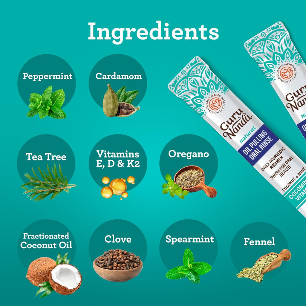 GuruNanda Travel Sachets Coconut Oil Pulling, Fresh Breath Mouthwash, 7 Essential Oils & Vitamins for Happy Teeth & Gums, with Tongue Scraper, 28 Sachets