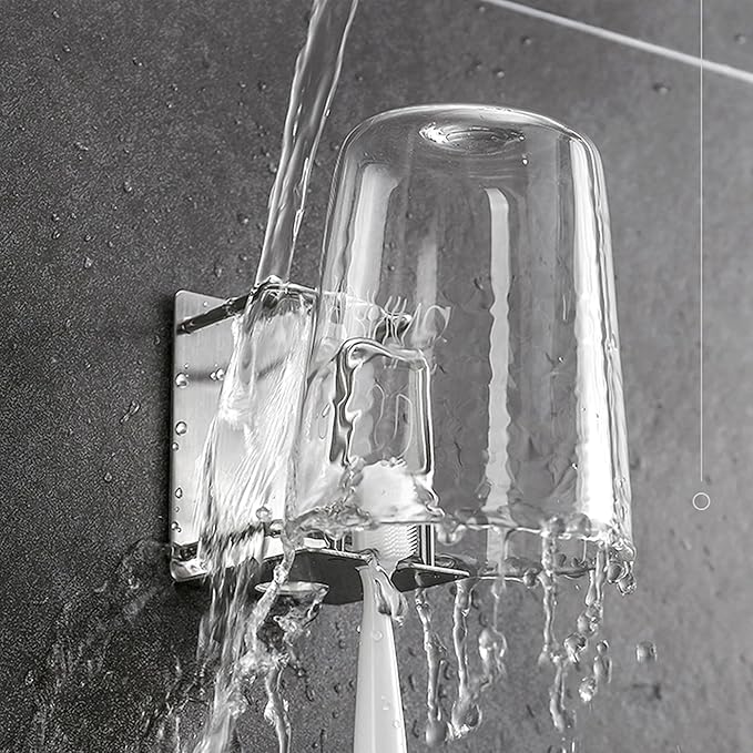 Stainless Steel Adhesive Wall Mounted Toothbrush Holder, 3 in 1 Organizer for Toothbrush, Toothpaste, and Cup (Silver (1 Pack))
