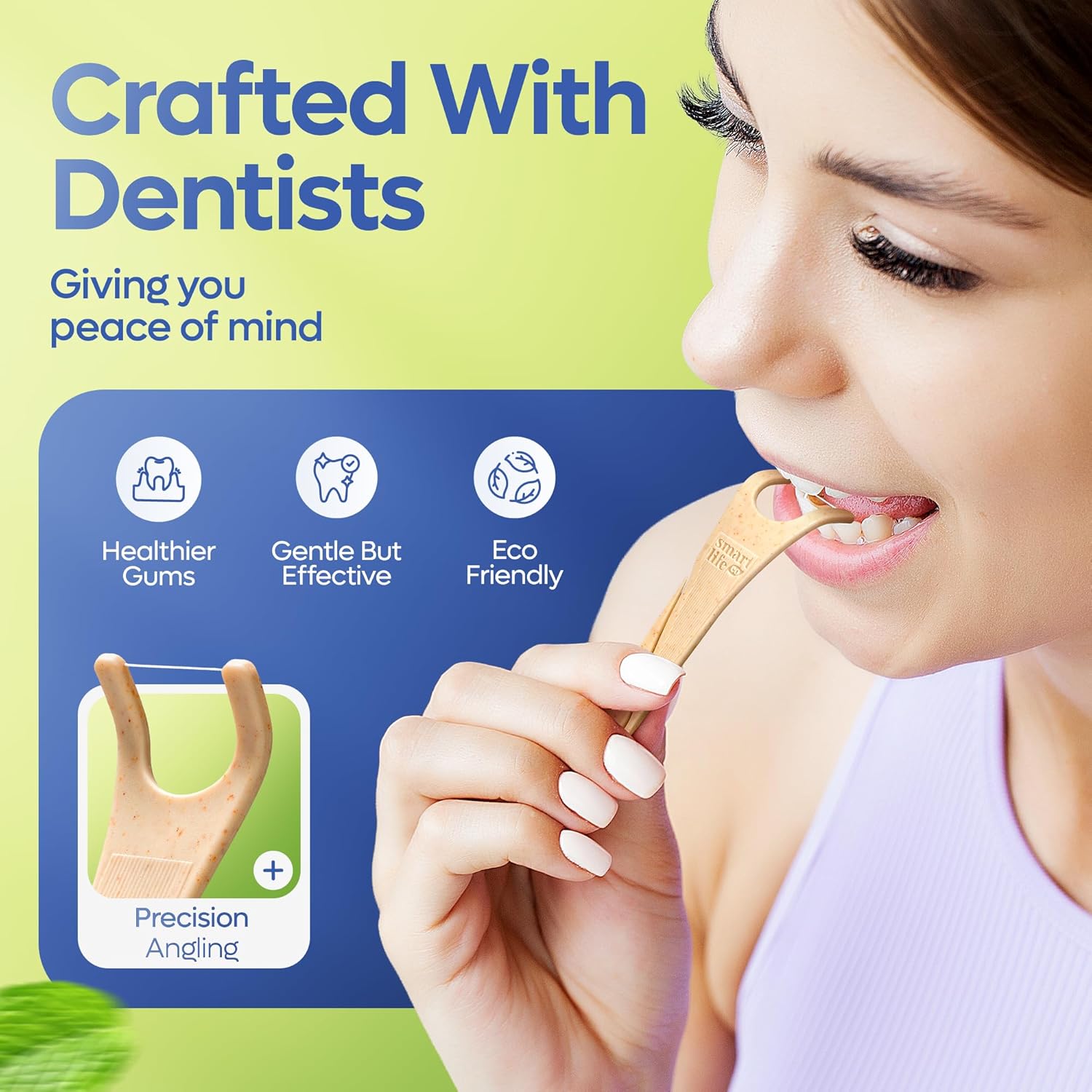 SmartLifeco Eco-Friendly Angled Dental Floss Picks (200ct) - Made with Straw Wheat Blend, Superior Anti-Shred Thread for Molars & Back Teeth, Tooth Pick Stick for Adults, Soft on Gums, Vegan, Mint