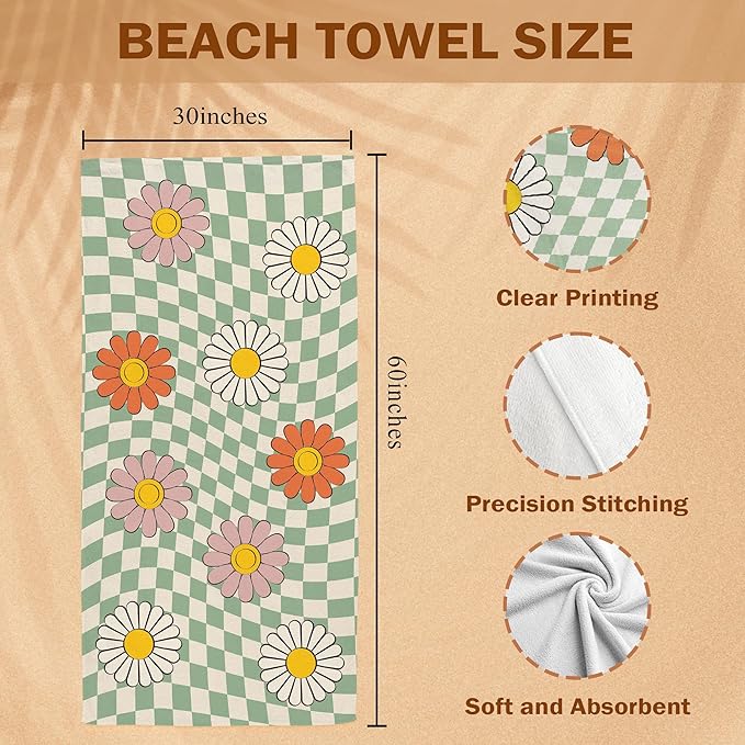 Sage Green Checkered Daisy Floral Beach Towel, Checkered Daisy Pool Towels, Groovy Flower Preppy Large Beach Bath Travel Towels for Swimming Camping, Sage Green Groovy Bathroom Decor, 30x60in