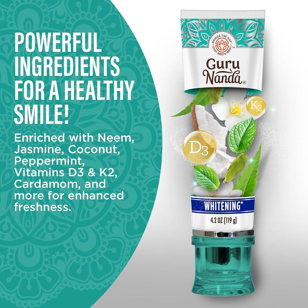 GuruNanda Hydroxyapatite Toothpaste, SLS & Fluoride Free, Whitening Toothpaste with Tongue Scraper & Squeezer - Freshens Breath, Fights Plaque - Natural CocoMint Jasmine Neem, 4.2oz