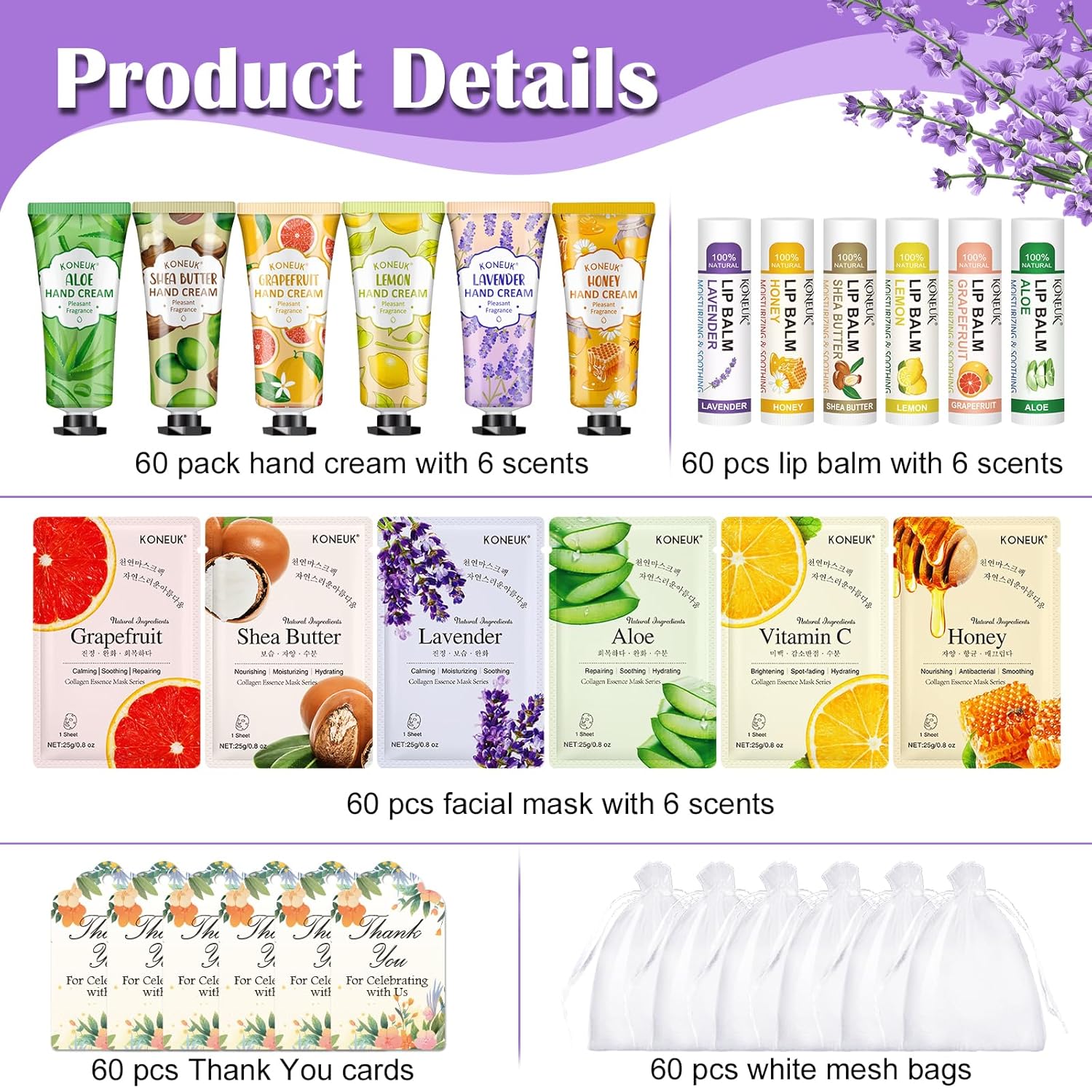 60 Pack Bulk Lip Balm, Facial Mask and Hand Cream Sets, Stocking Stuffers for Women, Christmas Gifts and Bridesmaid Gifts for Guests, Birthday Gifts, Adult Party Favors and Small Gifts for Women