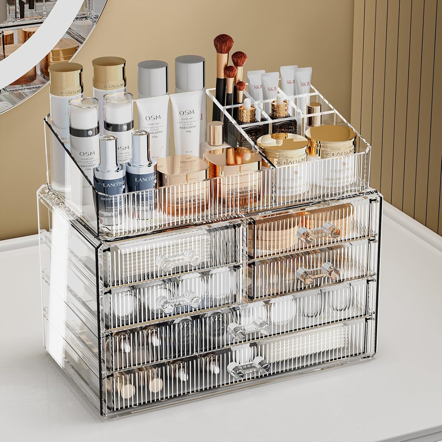 ZHIAI Stackable Storage Drawers, Acrylic Bathroom Counter Organizer Clear Makeup Organizers for Vanity, Kitchen Cabinets, Bathroom, Undersink, Home Organization and Storage (1 Top 6 Drawers)