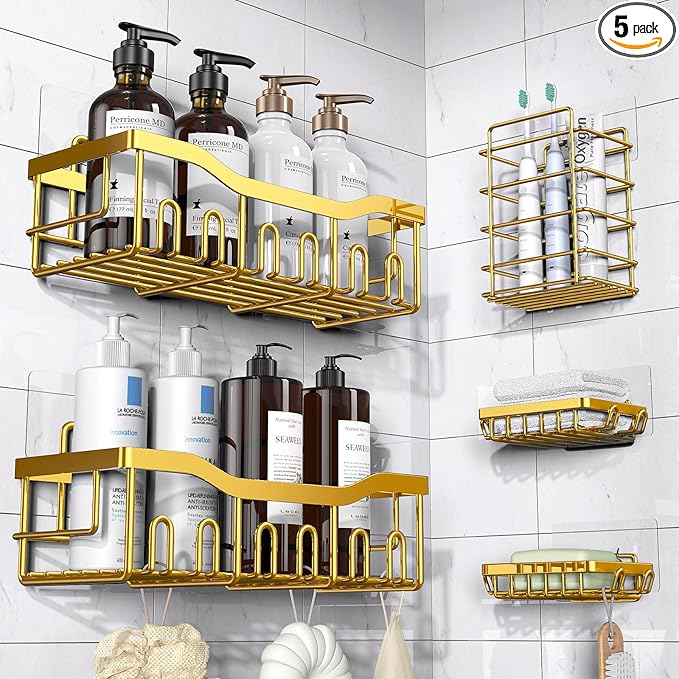 EUDELE 5-Pack Rustproof Stainless Steel Shower Caddy – No Drill Adhesive Bathroom Organizer with Large Capacity, Spacious Shower Shelves for Inside Shower, Kitchen & Home Decor Storage-XL Size
