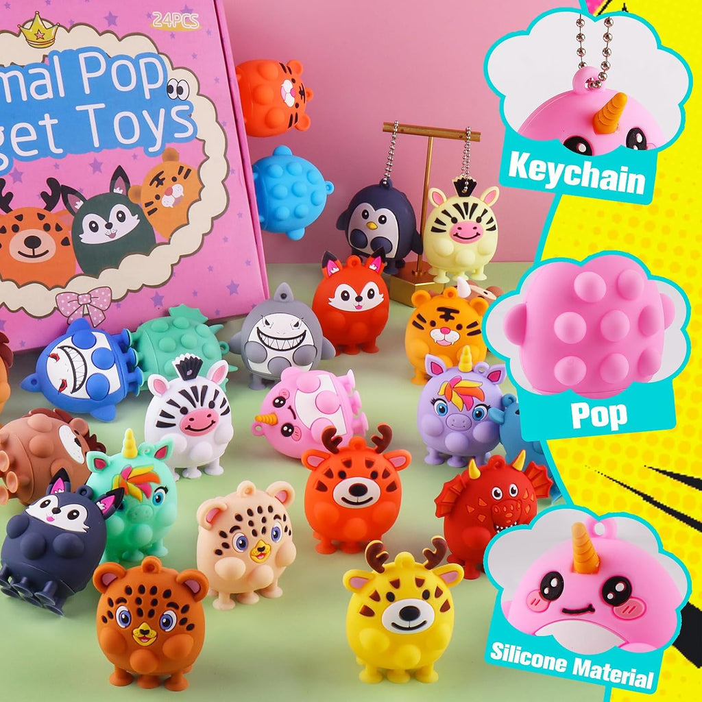24 PCS Party Favors for Kids, Silicone Animal Pop Fidget Toys with Suction, Birthday Gifts for Boy Girls, Treasure Box Toys, Goodie Bag Stuffers, Prizes for Kids, Pinata Stuffers