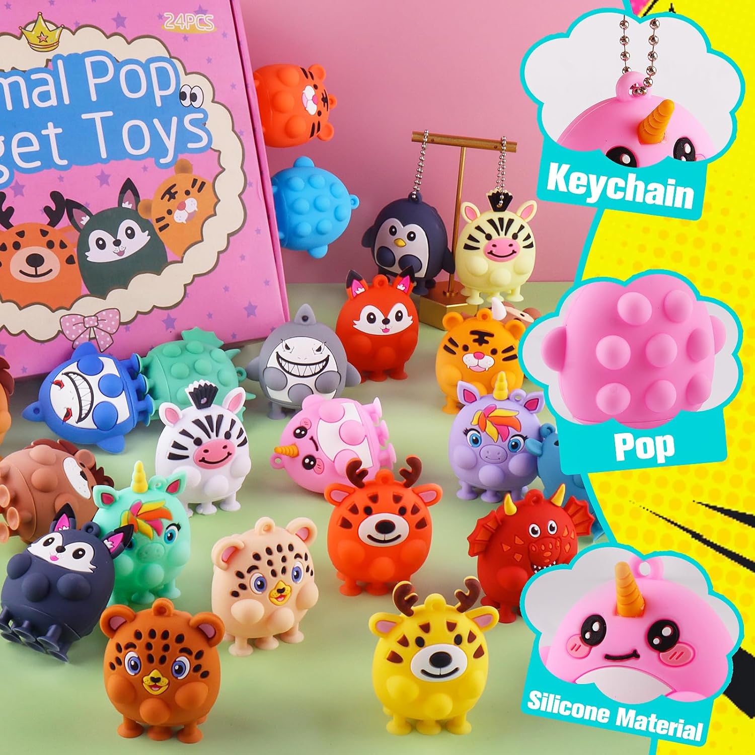 24 PCS Party Favors for Kids, Silicone Animal Pop Fidget Toys with Suction, Birthday Gifts for Boy Girls, Treasure Box Toys, Goodie Bag Stuffers, Prizes for Kids, Pinata Stuffers