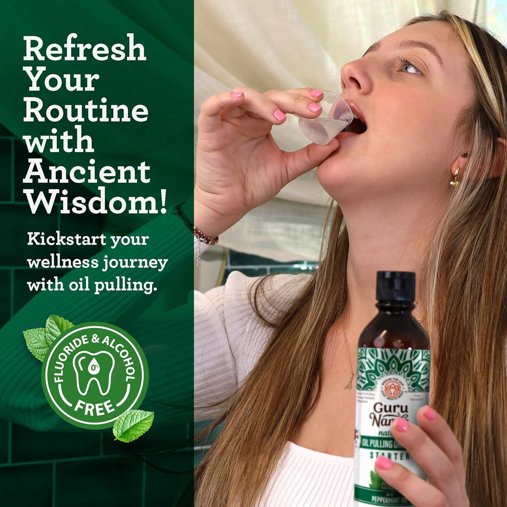 GuruNanda Starter Pulling Oil Mouthwash for Natural Teeth Whitening, Coconut and Peppermint Oil for Fresh Breath & Happy Gums, with Tongue Scraper, Alcohol-Free, 2X8 Oz