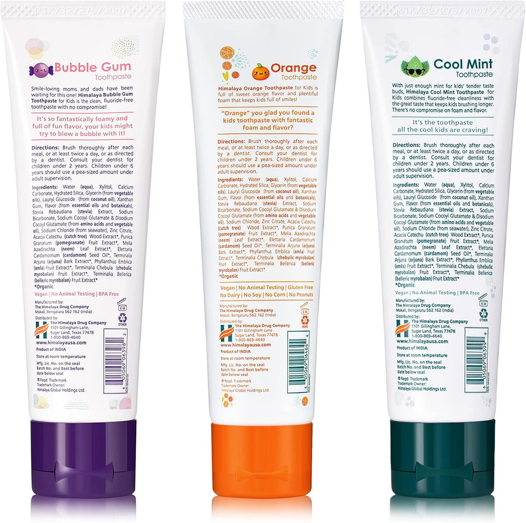 Himalaya Botanique Kids Toothpaste with Xylitol, Variety Pack of Bubble Gum, Orange & Cool Mint - Fluoride Free Toothpaste - Vegan, Gluten Free, No Artificial Flavors or Colors, 4 oz (Pack of 3)