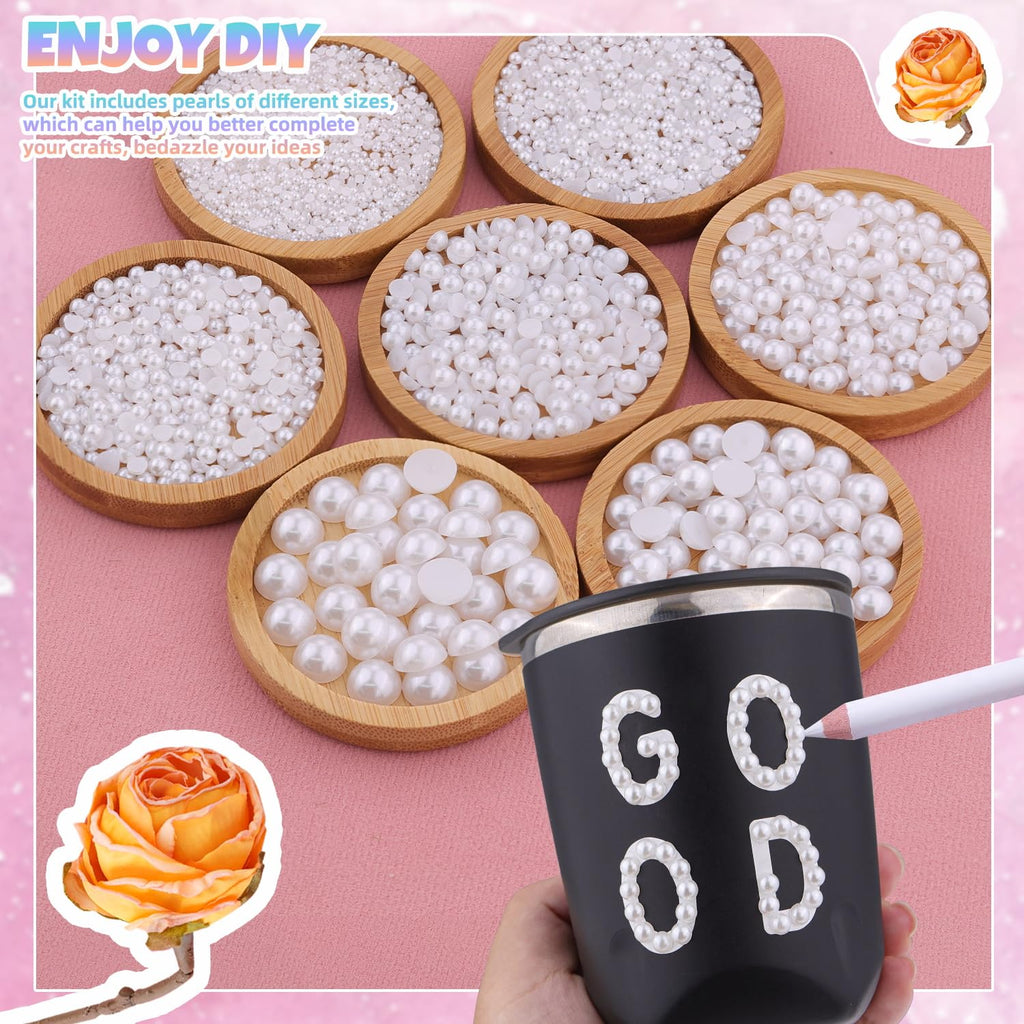 13500Pcs Flatback Pearls for Bedazzling (White) with B7000 Jewelry Glue, Assorted Size 2/3/4/5/6/8/10mm Half Pearl, Bedazzling Gems for Crafting Clothing Tumbler Shoes Embellishment Nail Art