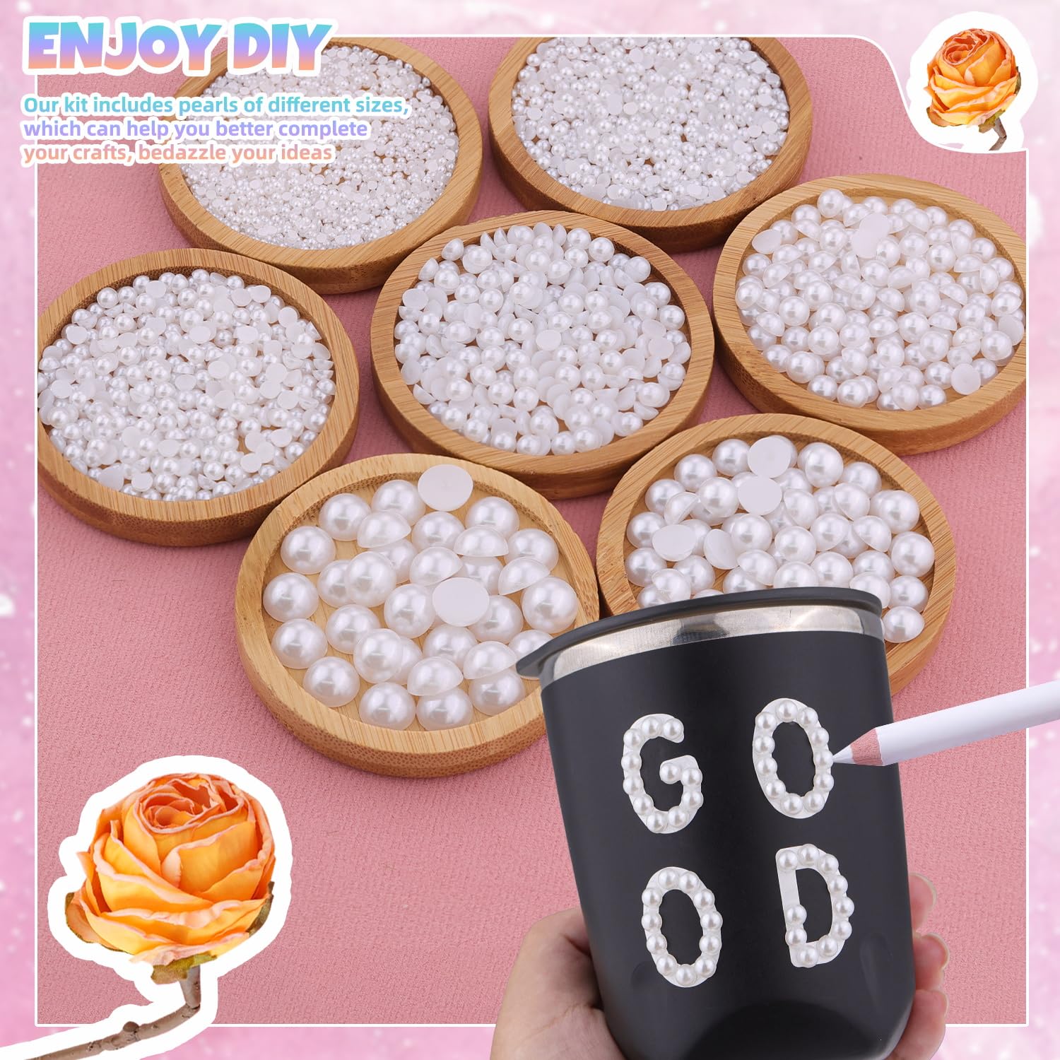 13500Pcs Flatback Pearls for Bedazzling (White) with B7000 Jewelry Glue, Assorted Size 2/3/4/5/6/8/10mm Half Pearl, Bedazzling Gems for Crafting Clothing Tumbler Shoes Embellishment Nail Art