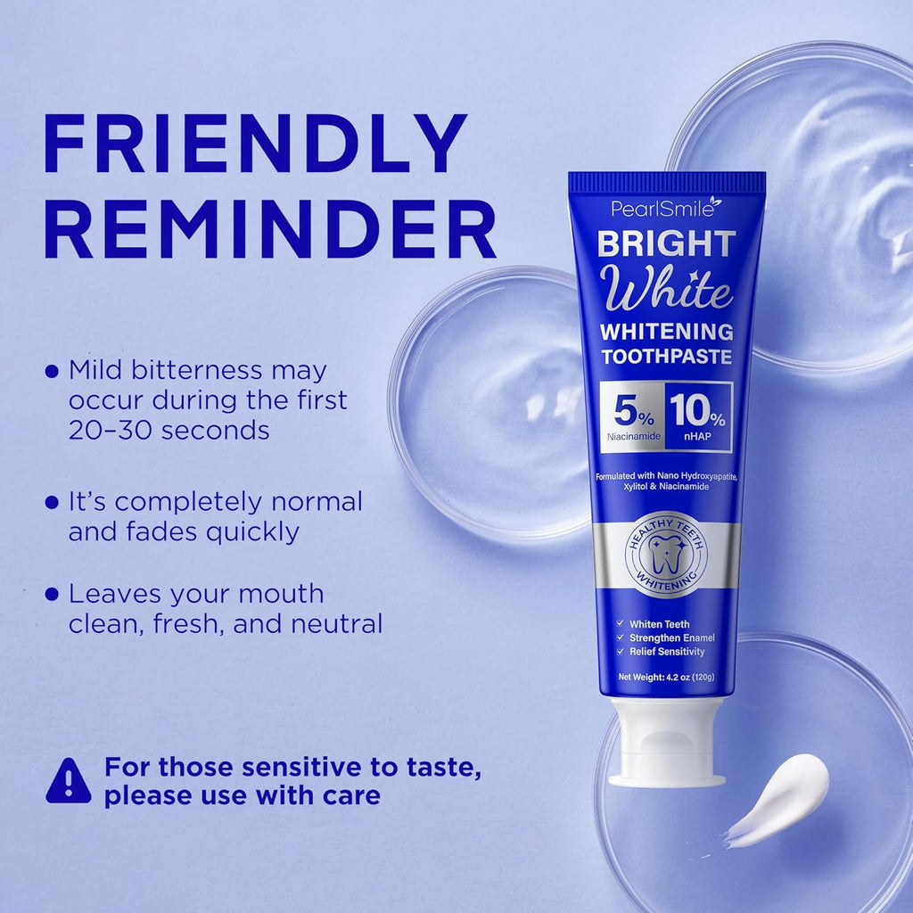 PearlSmile Niacinamide Hydroxyapatite Whitening Toothpaste – 10% Nano Hydroxyapatite + 5% Niacinamide – Strengthens Enamel, Remineralizes, Brightens Teeth – Fluoride-Free, Travel Size, 4.2oz (120g)