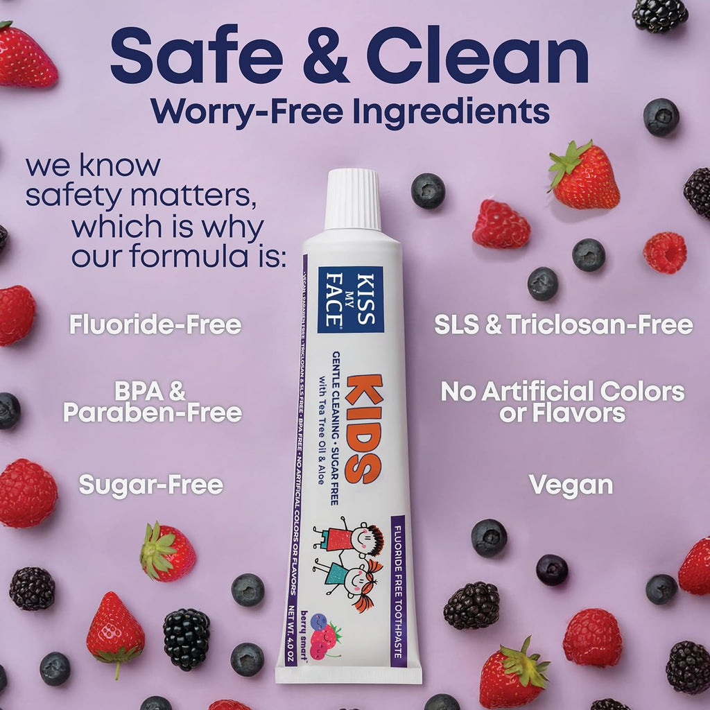 Kiss My Face Kids Toothpaste – Fluoride Free, Natural Berry Flavor, Gentle Cleaning for Children’s Teeth & Gums – Vegan, Sugar Free, SLS Free, No Artificial Colors or Flavors, with Xylitol – 4 oz