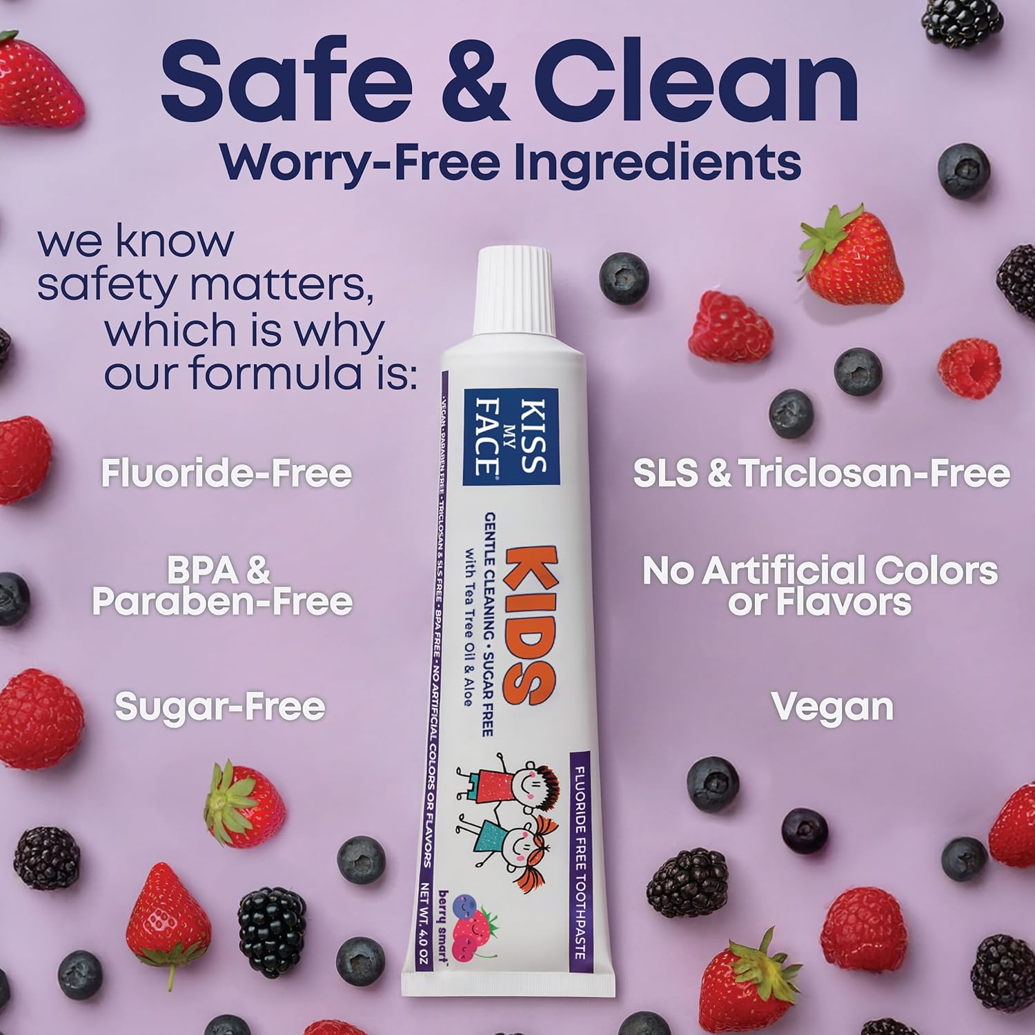 Kiss My Face Kids Toothpaste – Fluoride Free, Natural Berry Flavor, Gentle Cleaning for Children’s Teeth & Gums – Vegan, Sugar Free, SLS Free, No Artificial Colors or Flavors, with Xylitol – 4 oz