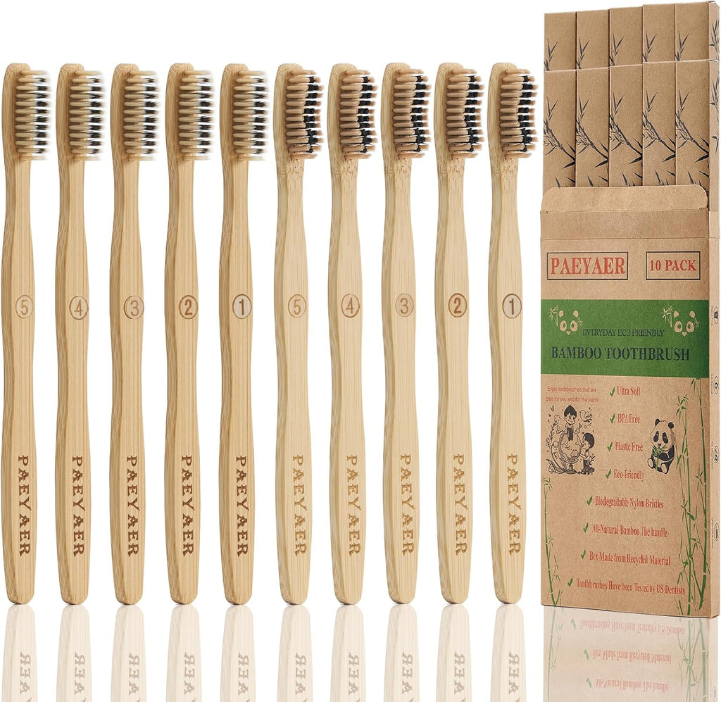10 Count Bamboo Toothbrush (Soft+Medium) Charcoal Toothbrushes, Natural Wood Toothbrushes, Reusable Travel Toothbrushes