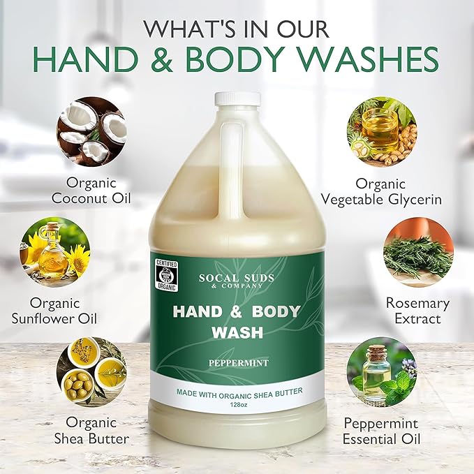 SoCal Suds & Company 128oz Certified Organic Hand & Body Wash w/Shea Butter- Gentle Natural Body,Baby & Face Wash for Sensitive Skin, Moisturizing Thick Castile Soap, Hand Soap and More - Peppermint