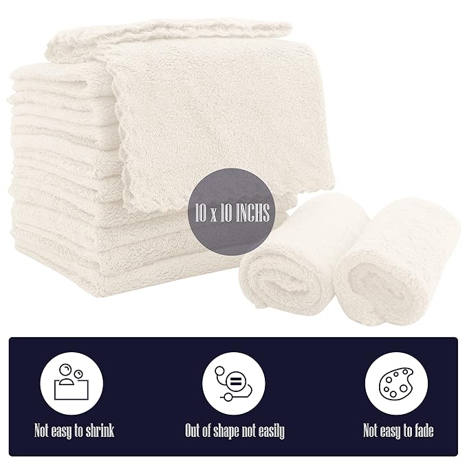 16 Pack Baby Washcloths - Luxury Coral Fleece - Extra Absorbent and Soft Wash Clothes for Newborns, Infants and Toddlers - Suitable for Sensitive Skin and New Born - Baby Shower - Cream, 10x10 Inch