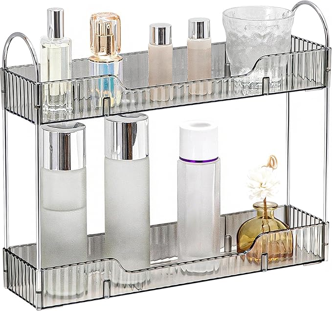 YCIA&DONE 2 Tiers Narrow Vanity Makeup Organizer, Bathroom Organizers Countertop Slim, Perfume Holder Skincare Storage Cosmetic Shelf Spice Rack, for Small Desktop Counter Space, Smoky Gray
