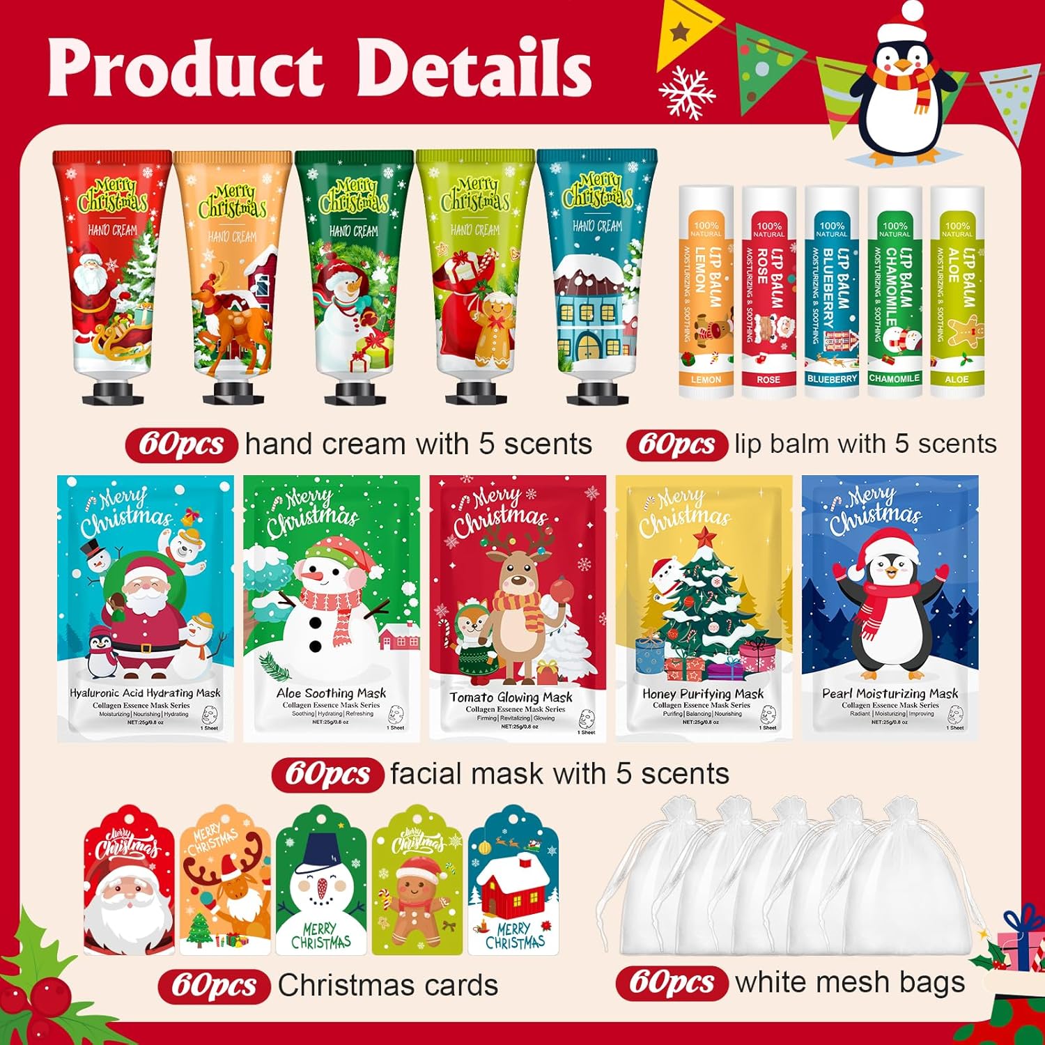 60 Pack Christmas Hand Cream, Facial Mask and Lip Balm Set, Stocking Stuffers for Women, Bulk Christmas Gifts for Coworkers, Party Supplies, Spa Party Favors and Decorations