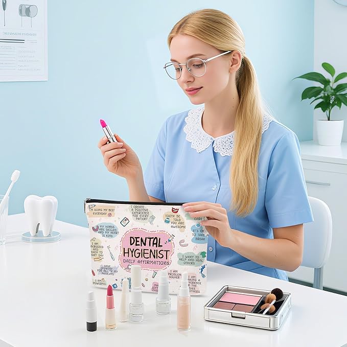 Dental Hygienist Gifts Makeup Bag for Women, Fun Cosmetic Pouch for Dental Assistant, Daily Affirmations Toiletry Bag, Lightweight Zipper Organizer for Work, Travel, Appreciation, Birthday