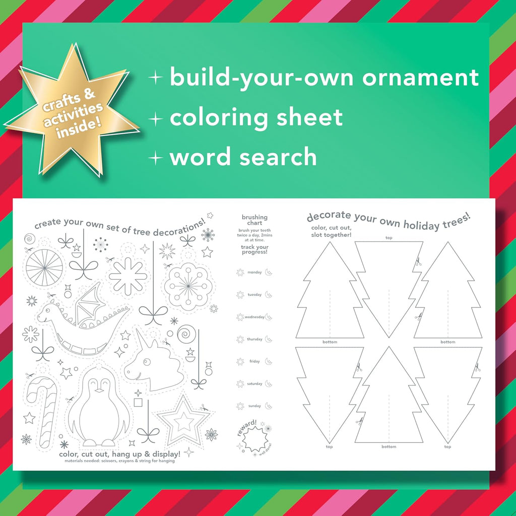 Hello Kids Toothbrush and Kids Toothpaste with Fluoride Holiday Gift Set, for Ages 3 and Older, Includes Bubblegum and Blue Raspberry Flavored Toothpastes, an Hourglass Timer, and Fun Holiday Crafts