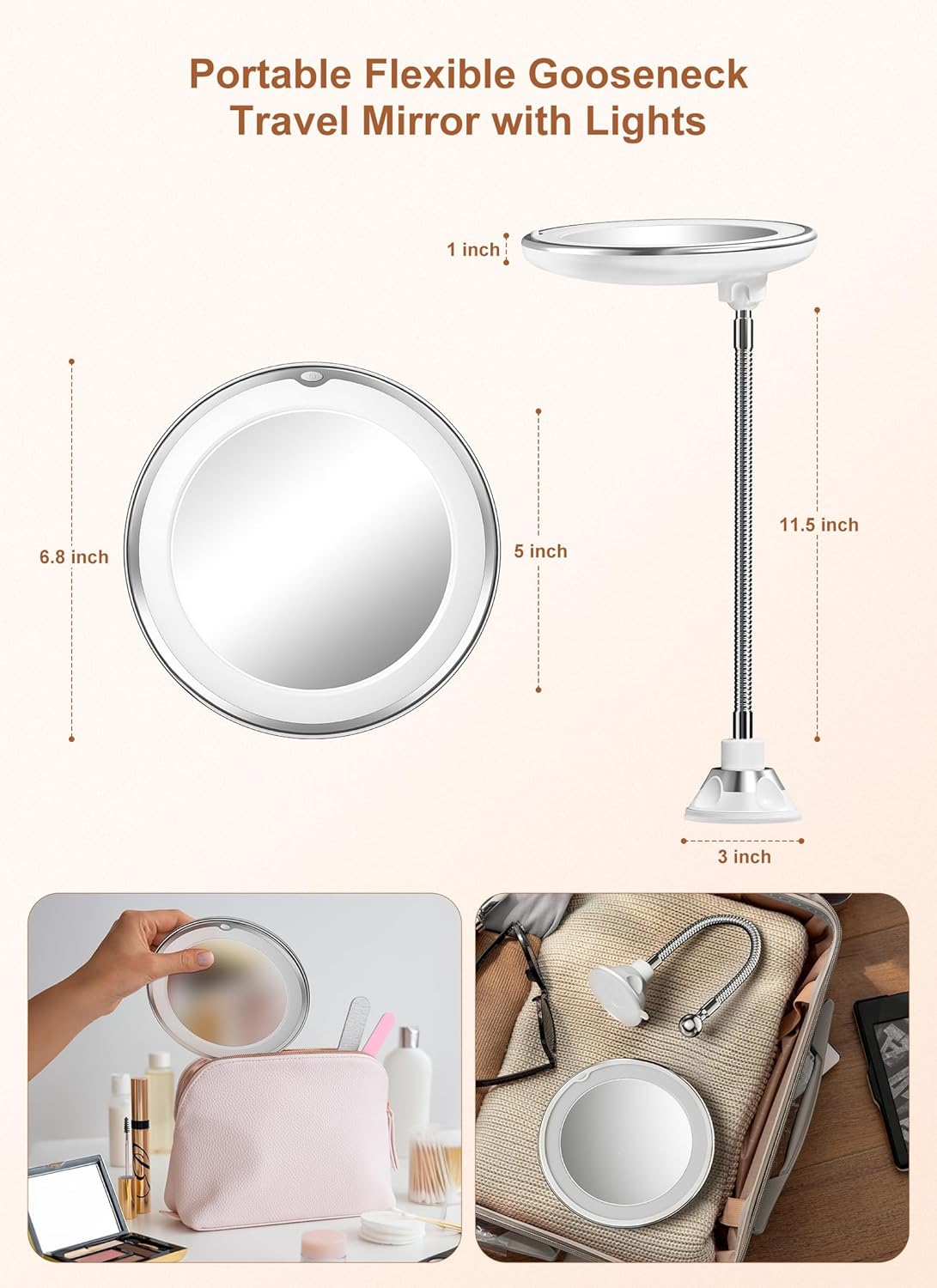 10x Magnifying Mirror with Light, Flexible Gooseneck Make up Mirror with Lights and Magnification, Battery Operated Cordless with Suction Cups for Wall Bathroom