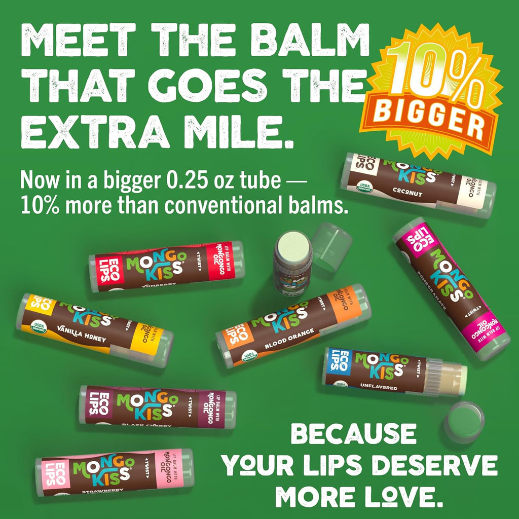 LIP BALM Mongo Kiss 6-Pack (6 tubes) Vanilla Honey by Eco Lips 100% Organic Beeswax & Cocoa Butter Lip Care with Organic Mongongo Oil - Soothe & Moisturize Dry and Cracked Lips - Made in USA