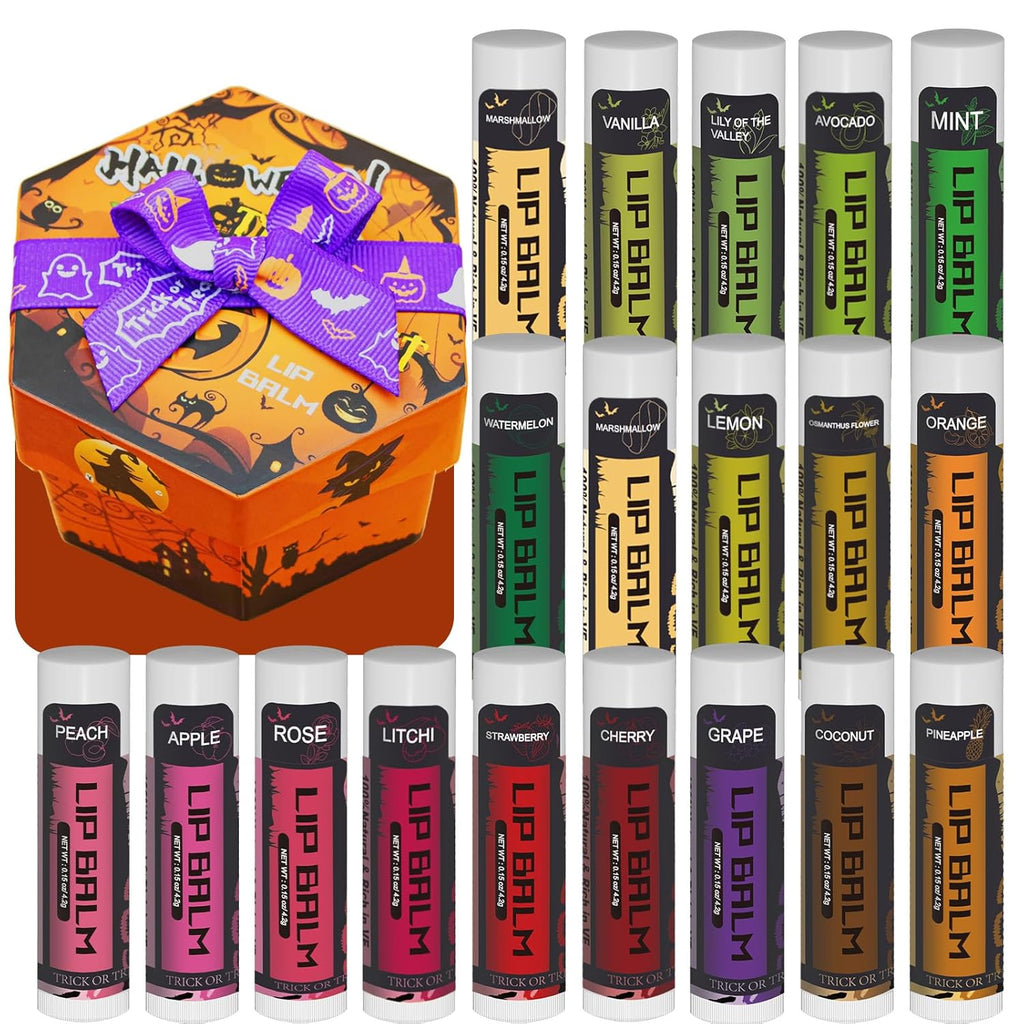 Yopela 19 Pack Halloween Lip Balm Party Favors, Lip Care Set with Vitamin E & Coconut Oil to Moisturize Repair Dry Chap Lips, 18 Flavors,Perfect for Trick-or-Treat Gifts or Goodie Bag Stuffers