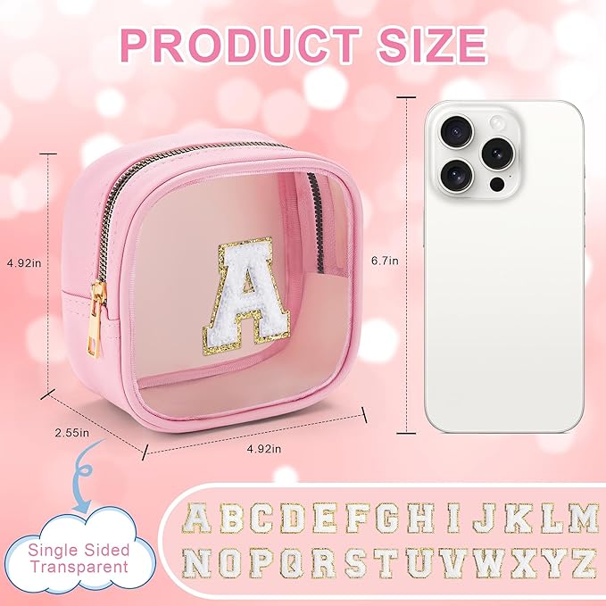 YOOLIFE Initial Mini Makeup Bag | Make Up Bag Travel Toiletry Bag | Clear Makeup Bag | Preppy Cosmetic Bags Organizer Travel Essentials Gifts for Women Teen Girlfriend Teacher Birthday Gifts Pink A