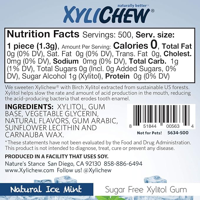 Xylichew 100% Xylitol Chewing Gum - Non GMO, Non Aspartame, Gluten Free, and Sugar Free Gum - Natural Oral Care, Relieves Bad Breath and Dry Mouth - Ice Mint, 500 Count