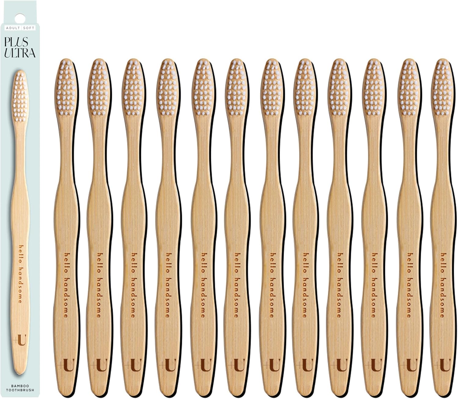 Biodegradable and Eco-Friendly Bamboo Toothbrush 12-Pack - BPA Free Soft Bristle - Dentist-Approved and All-Natural with "Hello Handsome" Etched on Handles by Plus Ultra