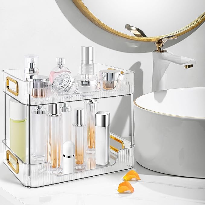 2-Tier Bathroom Counter Organizer Countertop Storage, Dresser Organizer Vanity Tray for Makeup, Perfume Organizer Cosmetics Skincare Shelf - Clear