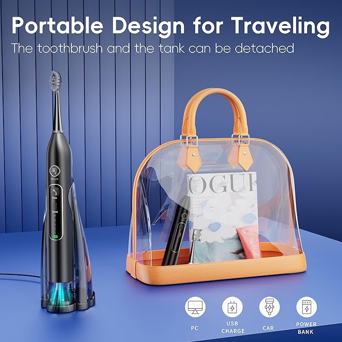 Electric Toothbrush with Water Flosser, 3 Sonic Modes, 5 Flossing Speeds with 3 Brushes + 1 Nozzle, Portable Flossing Toothbrush Combo for Adults Teeth Cleaning Kit for Plaque Removal,Black