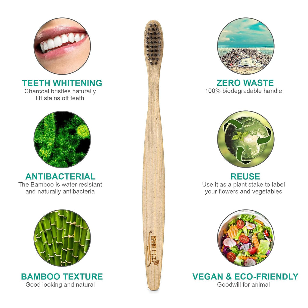 4 Count I Bamboo Toothbrush I Soft Bristles Best for Sensitive Gums I Charcoal I Vegan I Natural Wood I BPA Fee I Recyclable I Compostable I Biodegradable | Environmentally Friendly