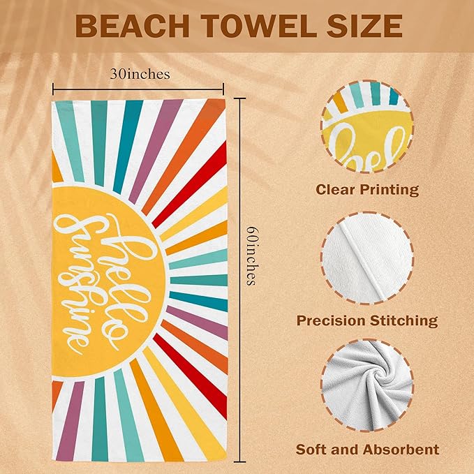 Colorful Boho Sunshine Kids Beach Towel, Boho Sun Sunrise Pool Towels, Hello My Sunshine Large Beach Bath Travel Towels for Women Girls, Sunrise Sun Bathroom Nursery Accessories Decor,30x60in