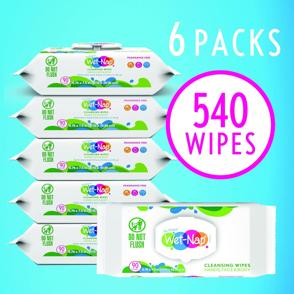 Wet Nap Hand & Face Cleansing Wipes | Disposable Plant-Based Wet Wipes | Gentle, Fragrance Free Formula for Sensitive Skin | Paraben-Free & Alcohol-Free | 90 Count (Pack of 6)