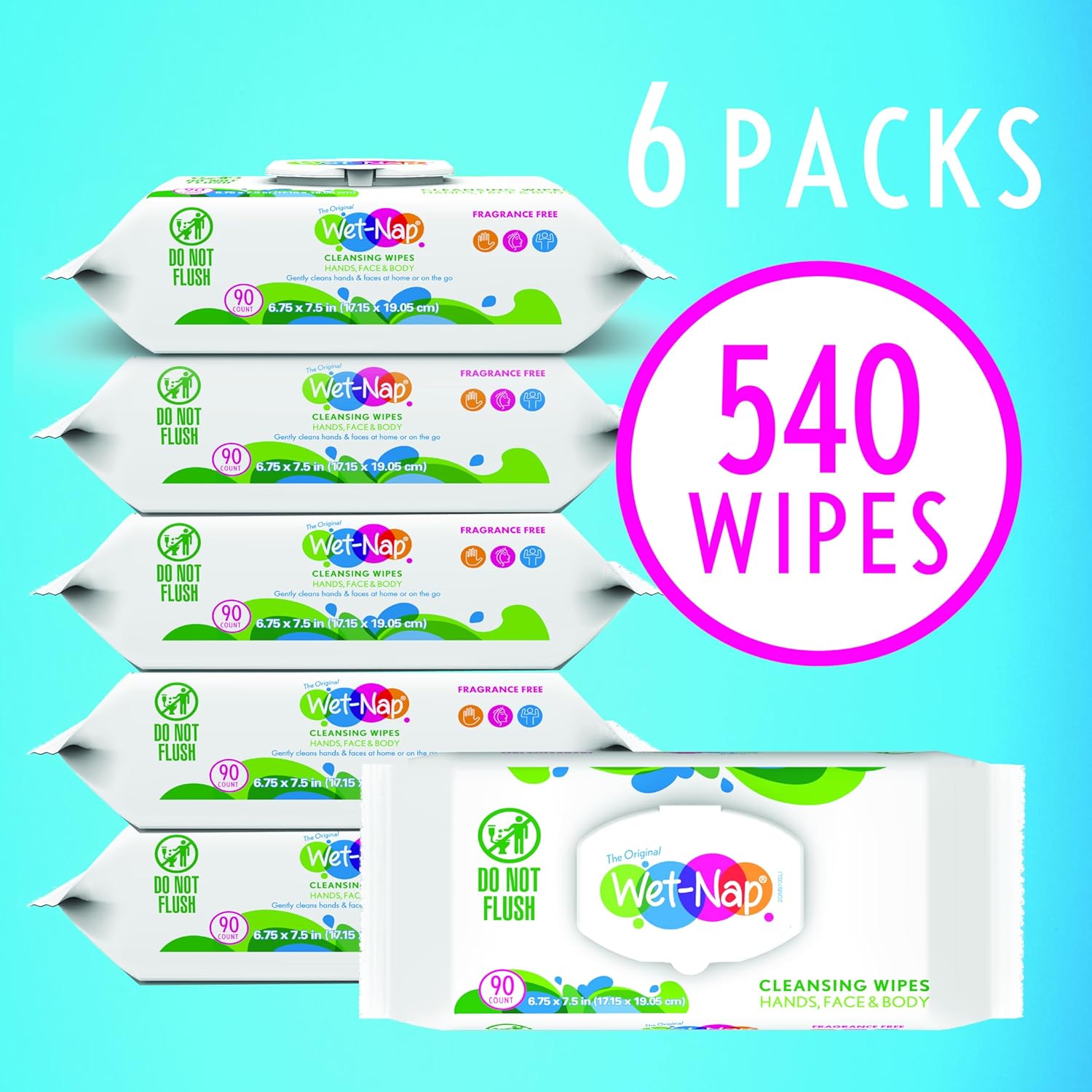 Wet Nap Hand & Face Cleansing Wipes | Disposable Plant-Based Wet Wipes | Gentle, Fragrance Free Formula for Sensitive Skin | Paraben-Free & Alcohol-Free | 90 Count (Pack of 6)
