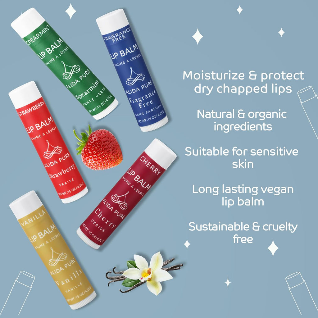 ALIDA PURE Melody Lip Balm Collection, Vegan, Lip Balm, Beeswax Free, with Avocado Oil, Organic Jojoba Oil, and Vitamin E, Natural Moisturizer for Dry, Chapped Lips, 5 Tube Set