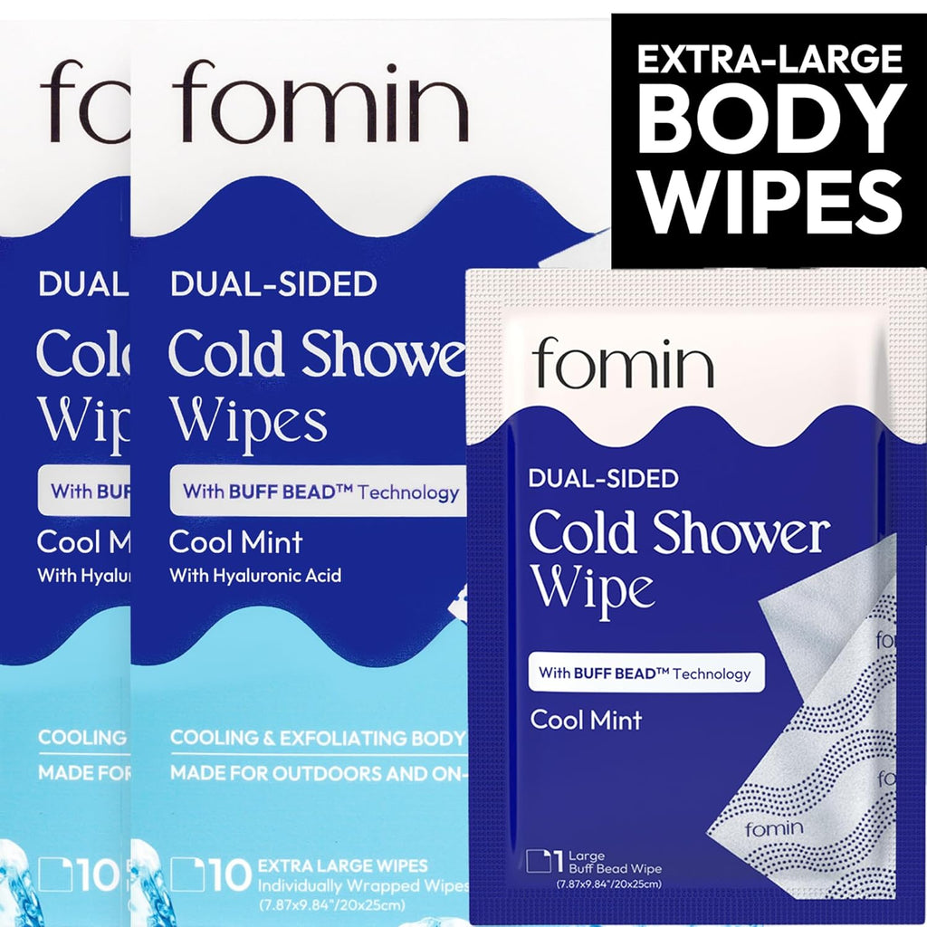 FOMIN Travel Cold Shower Wipes - 20 Pack - No Rinse XL Bathing Wipes with Vitamin E - Fragrance-Free Full Body Wipe for Adults - Individually Wrapped Waterless Bath Wipe for Hygiene, Camping, & Gym