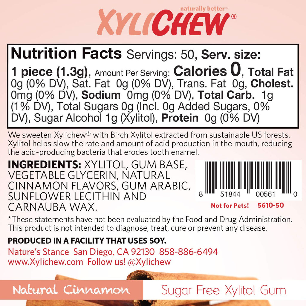 Xylichew 100% Xylitol Chewing Gum - Non GMO, Non Aspartame, Gluten Free, and Sugar Free Gum - Natural Oral Care, Relieves Bad Breath and Dry Mouth - Cinnamon, 50 Count